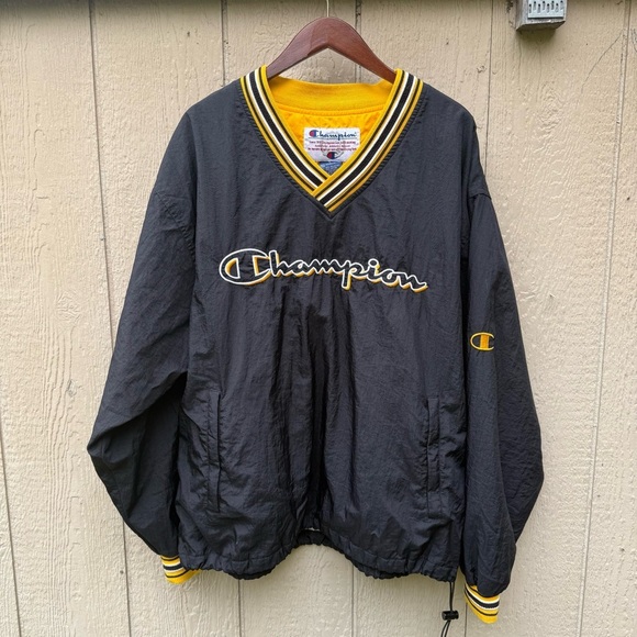 Champion Other - Vintage Champion Jacket Men’s L Black Yellow Knit Collar Pullover V-Neck